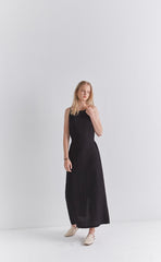 Sleeveless Linen Midi Dress with Waist Tie and Back Slit – Lightweight Summer Wear