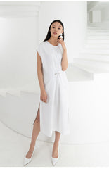 Sleeveless A-Line Linen Midi Dress with Asymmetric Hem and Box Pleats