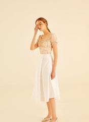 Smocked Linen Puff Sleeve Top With Square Neckline And Ruffle Details For Feminine Elegance
