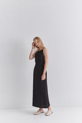 Sleeveless Linen Midi Dress with Waist Tie and Back Slit – Lightweight Summer Wear