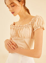 Smocked Linen Puff Sleeve Top With Square Neckline And Ruffle Details For Feminine Elegance