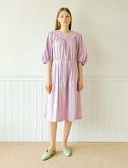 Elegant Cotton Poplin Midi Dress with Puff Sleeves and Gathered Waist for Effortless Style