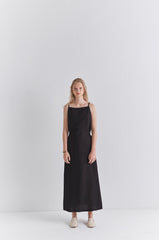 Sleeveless Linen Midi Dress with Waist Tie and Back Slit – Lightweight Summer Wear