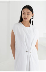 Sleeveless A-Line Linen Midi Dress with Asymmetric Hem and Box Pleats