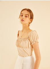 Smocked Linen Puff Sleeve Top With Square Neckline And Ruffle Details For Feminine Elegance