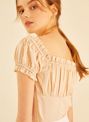 Smocked Linen Puff Sleeve Top With Square Neckline And Ruffle Details For Feminine Elegance