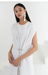 Sleeveless A-Line Linen Midi Dress with Asymmetric Hem and Box Pleats
