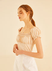 Smocked Linen Puff Sleeve Top With Square Neckline And Ruffle Details For Feminine Elegance