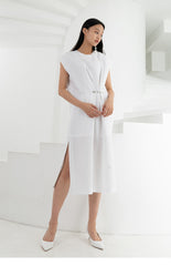 Sleeveless A-Line Linen Midi Dress with Asymmetric Hem and Box Pleats