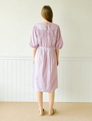 Elegant Cotton Poplin Midi Dress with Puff Sleeves and Gathered Waist for Effortless Style