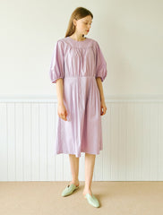 Elegant Cotton Poplin Midi Dress with Puff Sleeves and Gathered Waist for Effortless Style