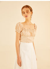 Smocked Linen Puff Sleeve Top With Square Neckline And Ruffle Details For Feminine Elegance