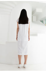 Sleeveless A-Line Linen Midi Dress with Asymmetric Hem and Box Pleats
