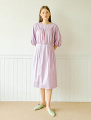 Elegant Cotton Poplin Midi Dress with Puff Sleeves and Gathered Waist for Effortless Style