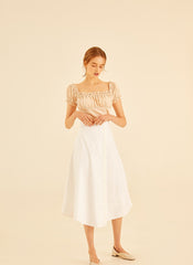 Smocked Linen Puff Sleeve Top With Square Neckline And Ruffle Details For Feminine Elegance