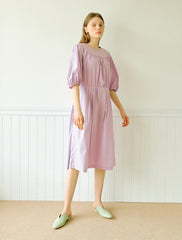 Elegant Cotton Poplin Midi Dress with Puff Sleeves and Gathered Waist for Effortless Style
