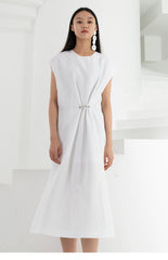Sleeveless A-Line Linen Midi Dress with Asymmetric Hem and Box Pleats