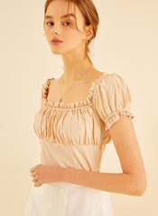 Smocked Linen Puff Sleeve Top With Square Neckline And Ruffle Details For Feminine Elegance