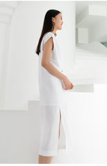 Sleeveless A-Line Linen Midi Dress with Asymmetric Hem and Box Pleats