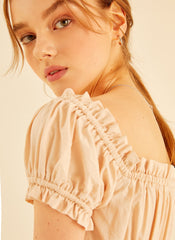 Smocked Linen Puff Sleeve Top With Square Neckline And Ruffle Details For Feminine Elegance