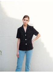 Structured Linen Blouse with Short Sleeves and Contrasting Button Detail for Women
