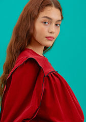 Women's Linen Puff Sleeve Blouse with Contrast Piping and Structured Shoulder Detail