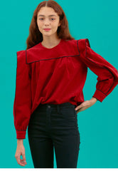 Women's Linen Puff Sleeve Blouse with Contrast Piping and Structured Shoulder Detail
