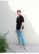 Structured Linen Blouse with Short Sleeves and Contrasting Button Detail for Women