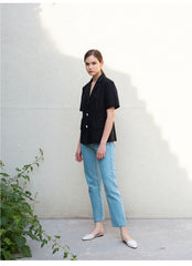 Structured Linen Blouse with Short Sleeves and Contrasting Button Detail for Women