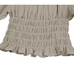Off-Shoulder Shirred Linen Blouse with Puff Sleeves and Ruffle Hem for Relaxed Feminine Style