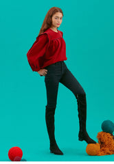 Women's Linen Puff Sleeve Blouse with Contrast Piping and Structured Shoulder Detail