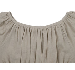 Off-Shoulder Shirred Linen Blouse with Puff Sleeves and Ruffle Hem for Relaxed Feminine Style