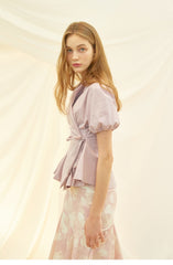 Tailored Linen Wrap Blouse with Puff Sleeves and Side Tie for Feminine Structured Fit