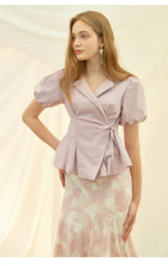 Tailored Linen Wrap Blouse with Puff Sleeves and Side Tie for Feminine Structured Fit