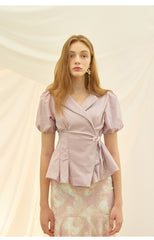 Tailored Linen Wrap Blouse with Puff Sleeves and Side Tie for Feminine Structured Fit