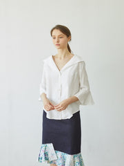 Linen Button-Down Blouse with Flared Sleeves and Sailor Collar – Elegant Women’s Top