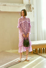 Polka Dot Chiffon Midi Dress with Ruffle Trim, Long Sleeves, and Feminine Bow Tie Neckline