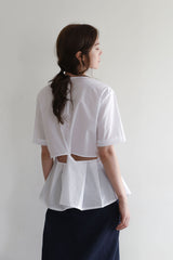 Linen Twist-Front Blouse with Peplum Hem and Cut-Out Waist Detail