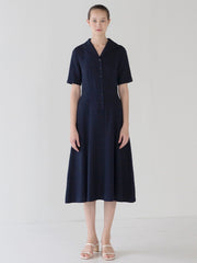 Elegant Button-Front Linen Midi Dress with Short Sleeves and Soft A-Line Silhouette