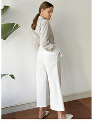 Classic Tailored Long Sleeve Button-Down Linen Shirt with Pinstripes and Structured Collar