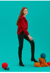 Women's Linen Puff Sleeve Blouse with Contrast Piping and Structured Shoulder Detail