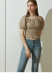 Off-Shoulder Shirred Linen Blouse with Puff Sleeves and Ruffle Hem for Relaxed Feminine Style