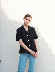 Structured Linen Blouse with Short Sleeves and Contrasting Button Detail for Women