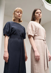 Women's Navy Linen Midi Dress – Short Sleeve Belted Dress with V-Back and Side Slit