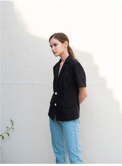 Structured Linen Blouse with Short Sleeves and Contrasting Button Detail for Women