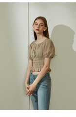 Off-Shoulder Shirred Linen Blouse with Puff Sleeves and Ruffle Hem for Relaxed Feminine Style