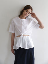 Linen Twist-Front Blouse with Peplum Hem and Cut-Out Waist Detail