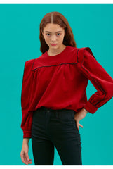 Women's Linen Puff Sleeve Blouse with Contrast Piping and Structured Shoulder Detail
