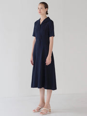 Elegant Button-Front Linen Midi Dress with Short Sleeves and Soft A-Line Silhouette