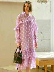 Polka Dot Chiffon Midi Dress with Ruffle Trim, Long Sleeves, and Feminine Bow Tie Neckline